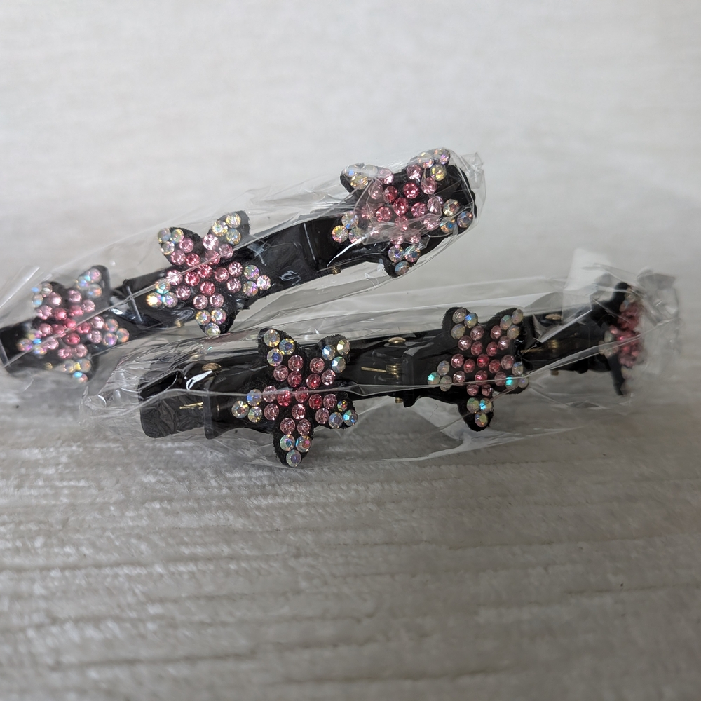 Hair Clips 2 PCs Black Clips With Mini Clips Built-in Pink Rhinestone Floral New